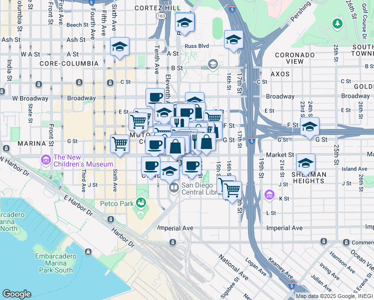 map of restaurants, bars, coffee shops, grocery stores, and more near 626 13th Street in San Diego