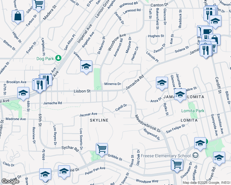 map of restaurants, bars, coffee shops, grocery stores, and more near 7470 Jamacha Road in San Diego