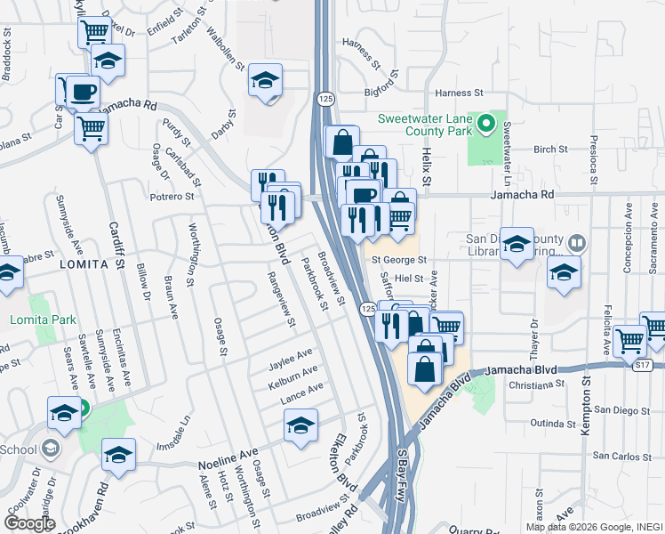 map of restaurants, bars, coffee shops, grocery stores, and more near 911 Broadview Street in Spring Valley