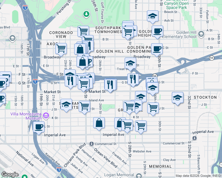 map of restaurants, bars, coffee shops, grocery stores, and more near 2672 Market Street in San Diego