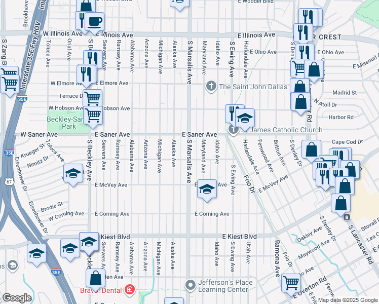 map of restaurants, bars, coffee shops, grocery stores, and more near South Marsalis Avenue in Dallas