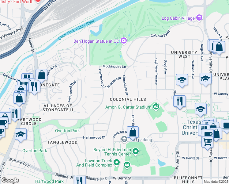 map of restaurants, bars, coffee shops, grocery stores, and more near 2721 Harlanwood Drive in Fort Worth