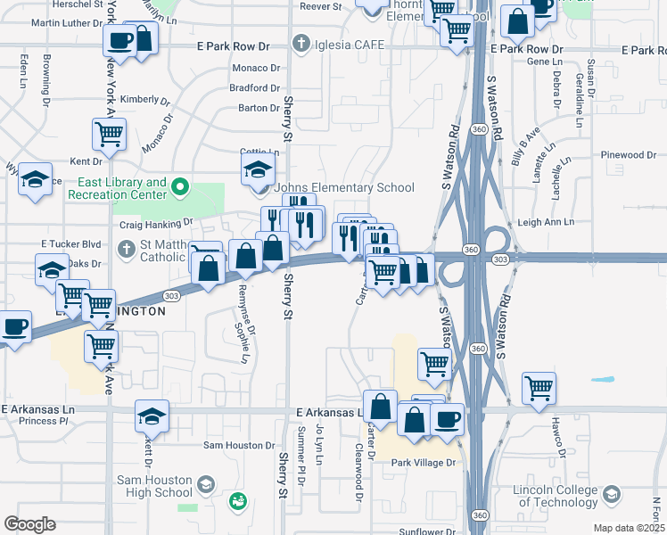 map of restaurants, bars, coffee shops, grocery stores, and more near 2238 East Pioneer Parkway in Arlington