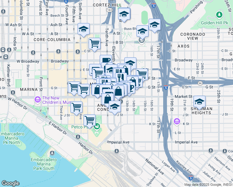 map of restaurants, bars, coffee shops, grocery stores, and more near 1102 Market Street in San Diego