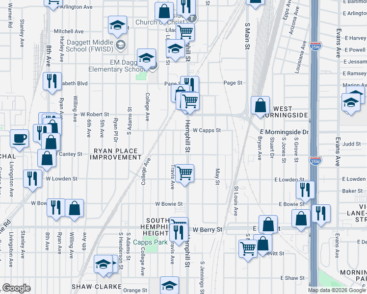 map of restaurants, bars, coffee shops, grocery stores, and more near 2732 Hemphill St in Fort Worth