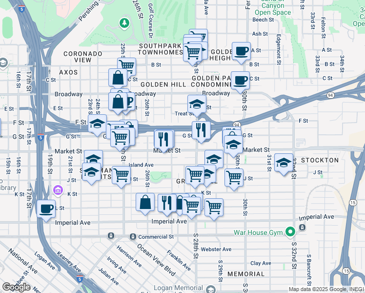 map of restaurants, bars, coffee shops, grocery stores, and more near 2746 Market Street in San Diego