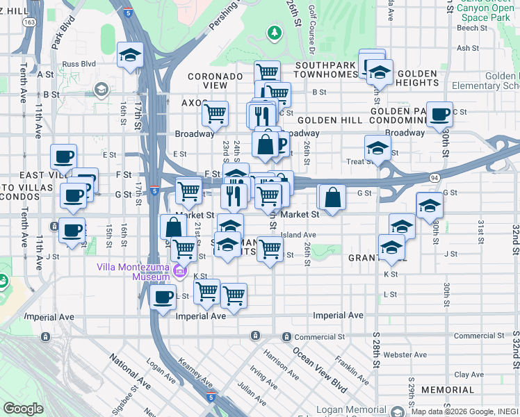 map of restaurants, bars, coffee shops, grocery stores, and more near 2464 Market Street in San Diego