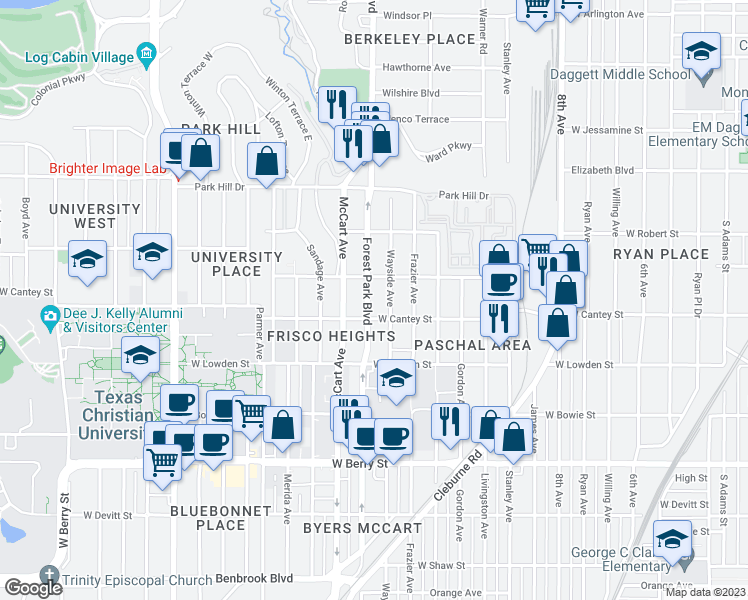 map of restaurants, bars, coffee shops, grocery stores, and more near 2721 Forest Park Boulevard in Fort Worth