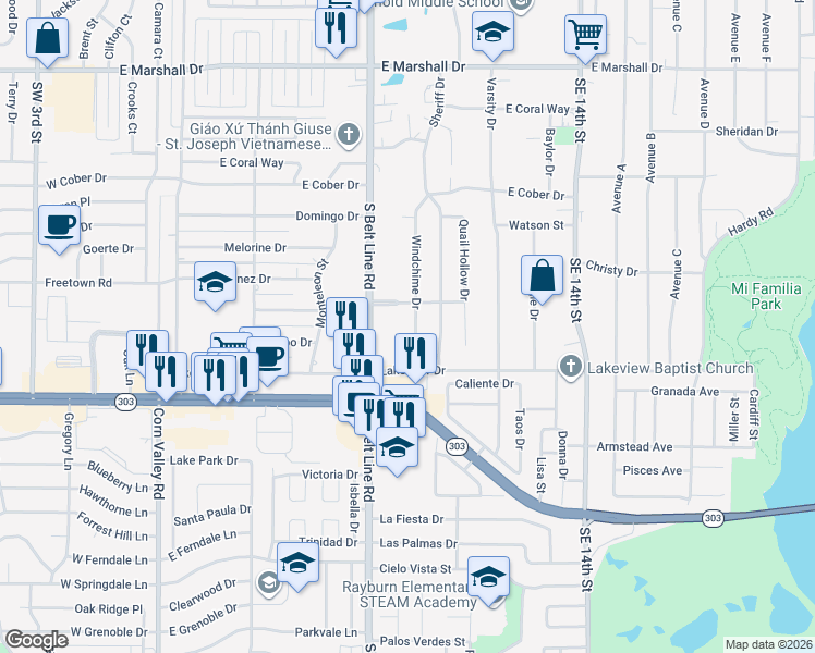 map of restaurants, bars, coffee shops, grocery stores, and more near 2313 Windchime Drive in Grand Prairie