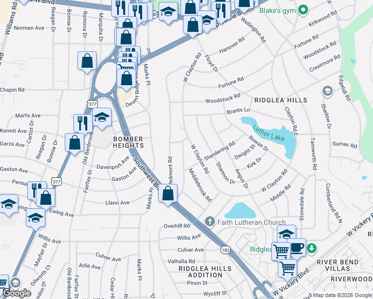 map of restaurants, bars, coffee shops, grocery stores, and more near 4004 Rothington Road in Fort Worth