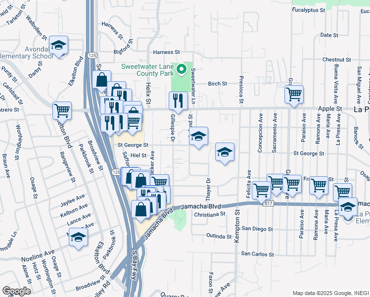 map of restaurants, bars, coffee shops, grocery stores, and more near 8955 Saint George Street in Spring Valley