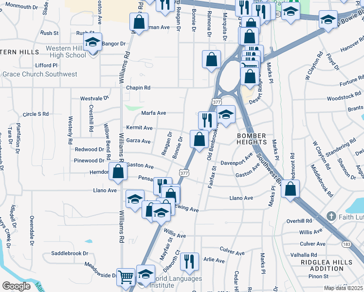map of restaurants, bars, coffee shops, grocery stores, and more near 3917 Bonnie Drive in Fort Worth