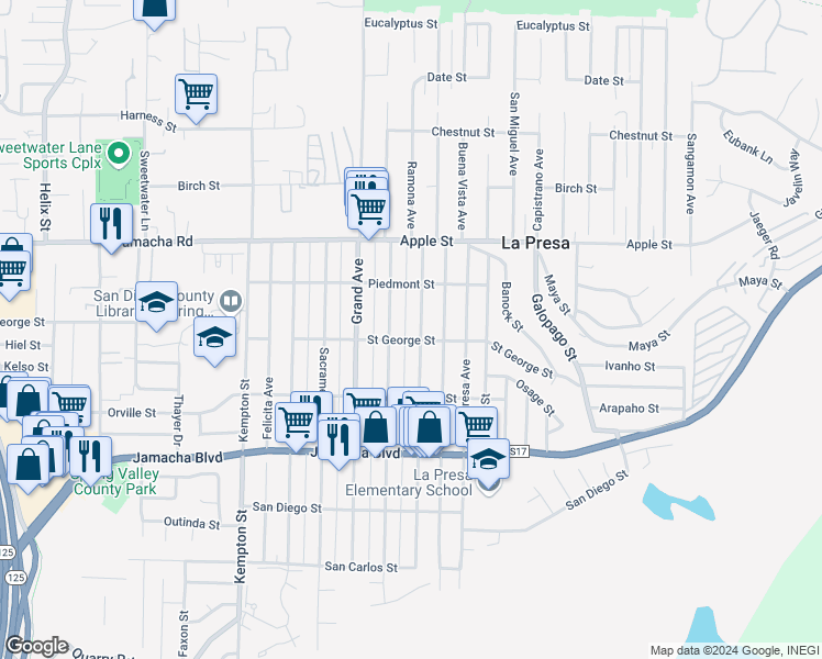 map of restaurants, bars, coffee shops, grocery stores, and more near 812 Ramona Avenue in Spring Valley