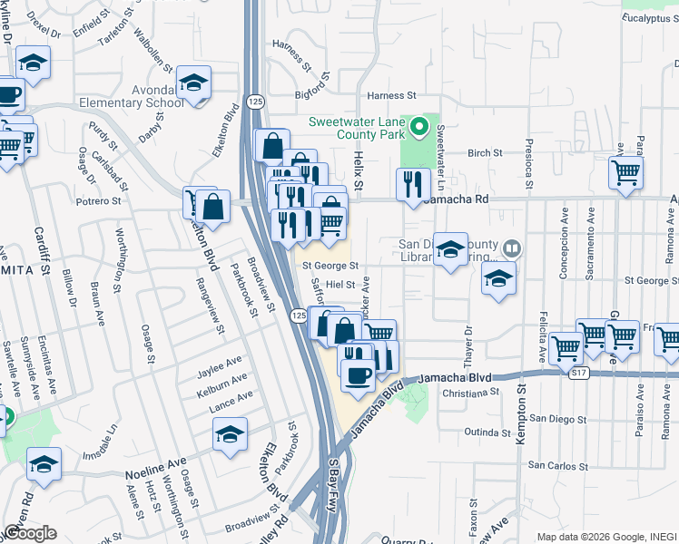 map of restaurants, bars, coffee shops, grocery stores, and more near 8747 Saint George Street in Spring Valley