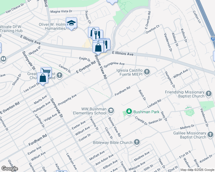 map of restaurants, bars, coffee shops, grocery stores, and more near 3823 Bonnie View Road in Dallas