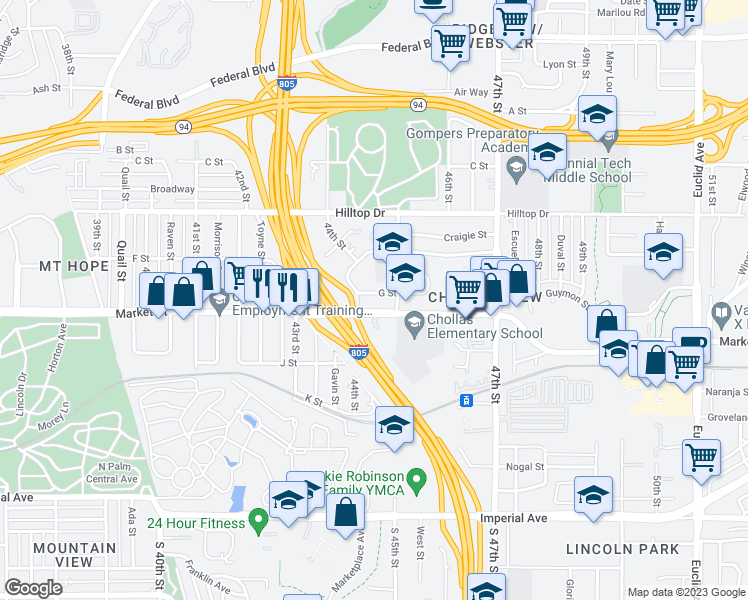 map of restaurants, bars, coffee shops, grocery stores, and more near 4455 G Street in San Diego