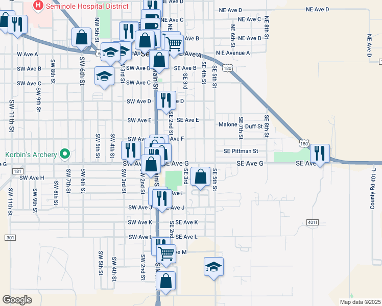 map of restaurants, bars, coffee shops, grocery stores, and more near 609 Southeast 3rd in Seminole