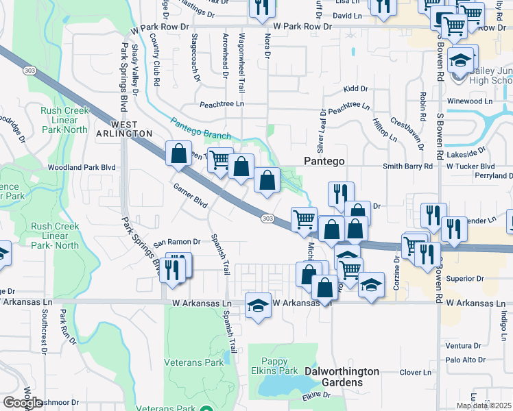 map of restaurants, bars, coffee shops, grocery stores, and more near 3521 Texas 303 Spur in Pantego