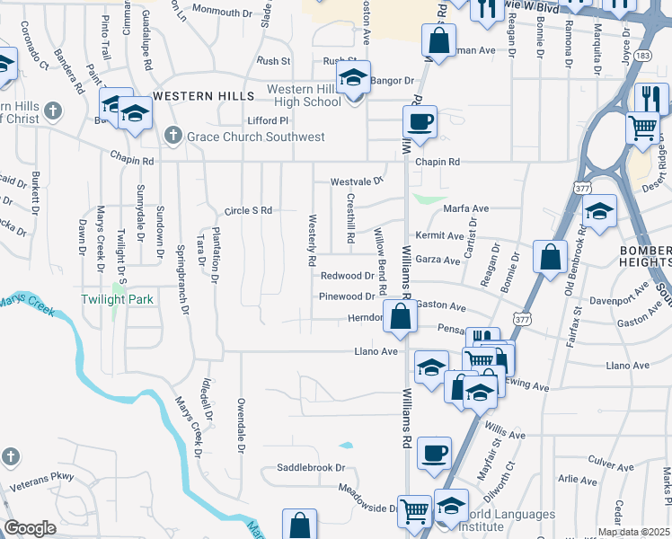 map of restaurants, bars, coffee shops, grocery stores, and more near 8108 Redwood Drive in Fort Worth