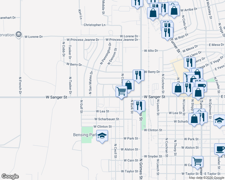 map of restaurants, bars, coffee shops, grocery stores, and more near 1123 North Cecil Street in Hobbs