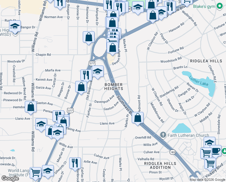 map of restaurants, bars, coffee shops, grocery stores, and more near 4004 Southwest Boulevard in Fort Worth