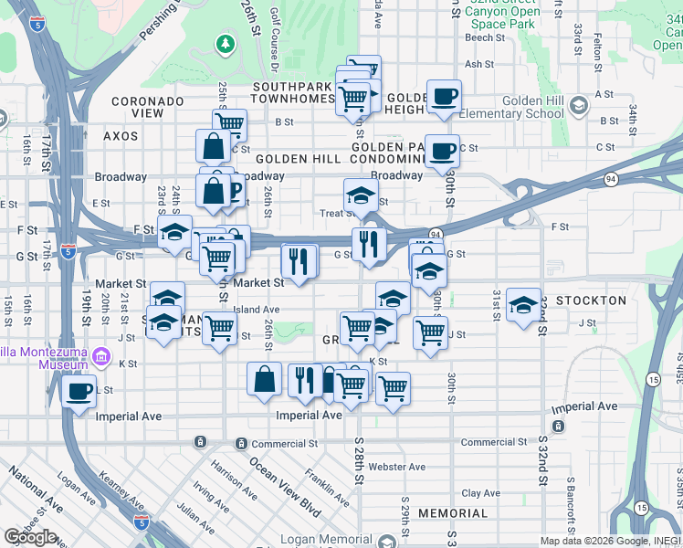 map of restaurants, bars, coffee shops, grocery stores, and more near 2762 Market Street in San Diego