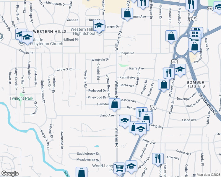 map of restaurants, bars, coffee shops, grocery stores, and more near 3929 Willow Bend Road in Benbrook