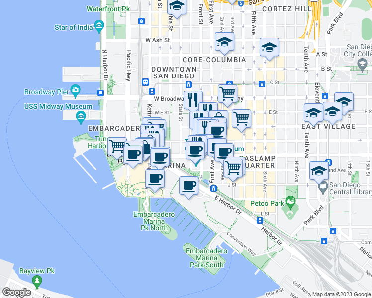 map of restaurants, bars, coffee shops, grocery stores, and more near 301 G Street in San Diego