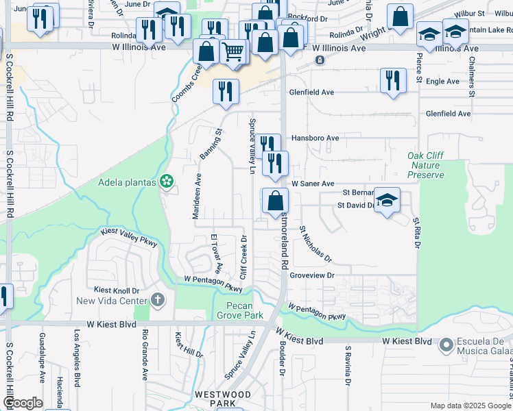 map of restaurants, bars, coffee shops, grocery stores, and more near 2966 Spruce Valley Lane in Dallas