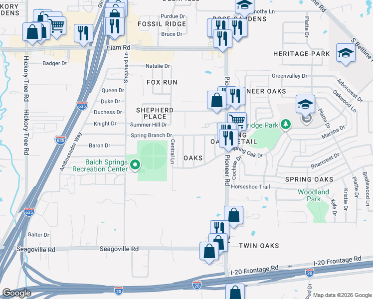 map of restaurants, bars, coffee shops, grocery stores, and more near 4220 Linda Lane in Balch Springs