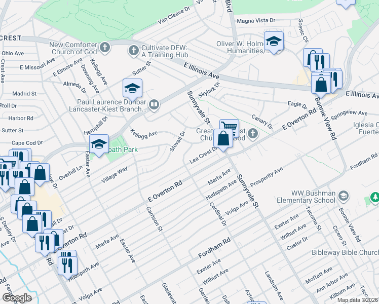 map of restaurants, bars, coffee shops, grocery stores, and more near 3416 Cardinal Drive in Dallas