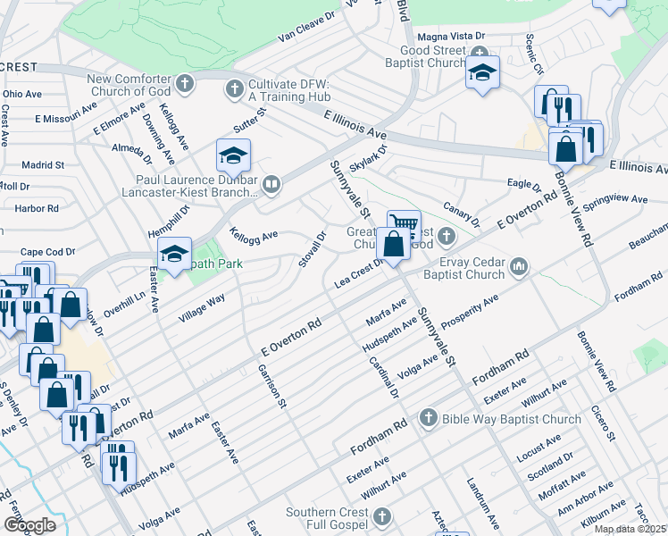 map of restaurants, bars, coffee shops, grocery stores, and more near 3416 Cardinal Drive in Dallas