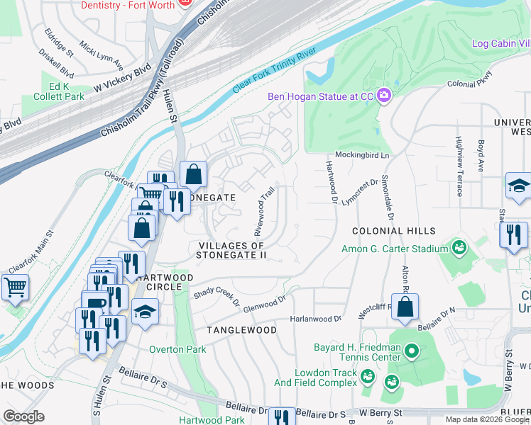 map of restaurants, bars, coffee shops, grocery stores, and more near 2725 Riverwood Trail in Fort Worth