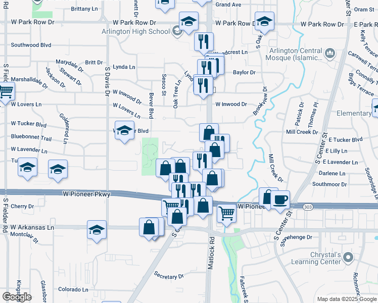 map of restaurants, bars, coffee shops, grocery stores, and more near 1008 Cooper Square Circle in Arlington