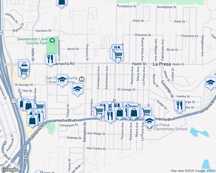 map of restaurants, bars, coffee shops, grocery stores, and more near 817 Sacramento Avenue in Spring Valley