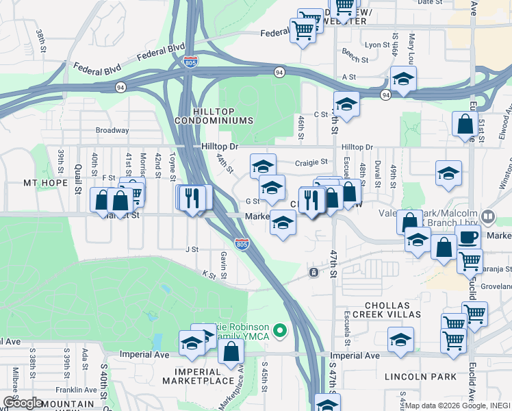 map of restaurants, bars, coffee shops, grocery stores, and more near 4469 G Street in San Diego
