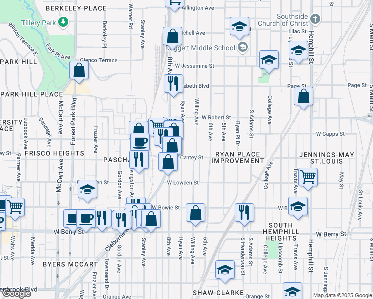 map of restaurants, bars, coffee shops, grocery stores, and more near 2737 Ryan Avenue in Fort Worth