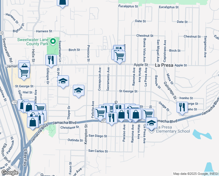 map of restaurants, bars, coffee shops, grocery stores, and more near 817 Sacramento Avenue in Spring Valley