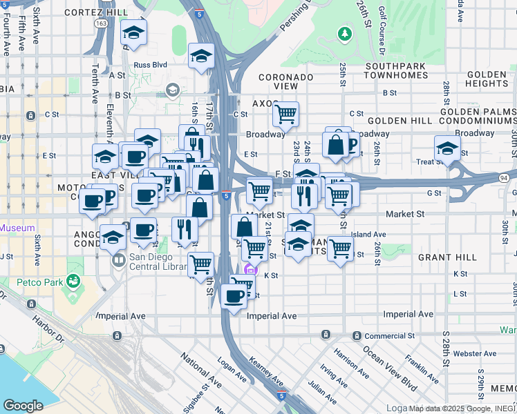 map of restaurants, bars, coffee shops, grocery stores, and more near 633 20th Street in San Diego