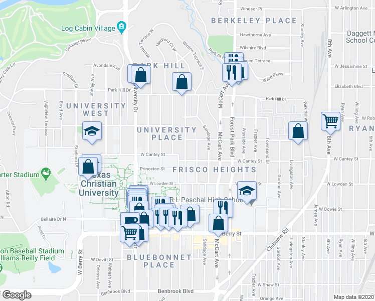 map of restaurants, bars, coffee shops, grocery stores, and more near 2721 Lubbock Avenue in Fort Worth