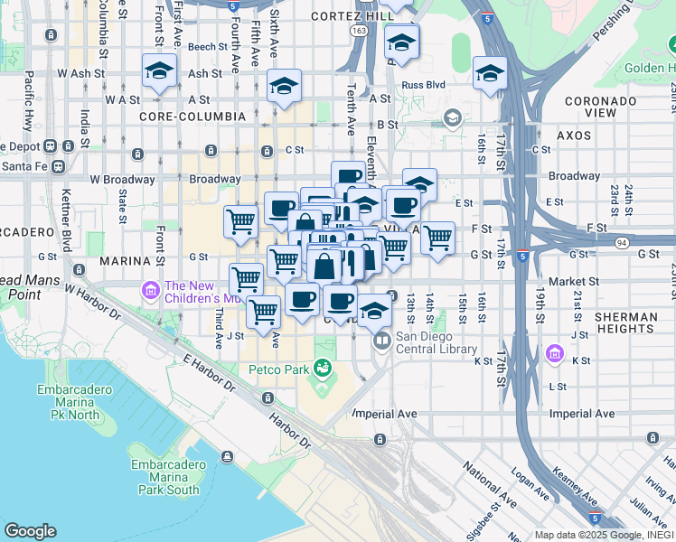 map of restaurants, bars, coffee shops, grocery stores, and more near in San Diego