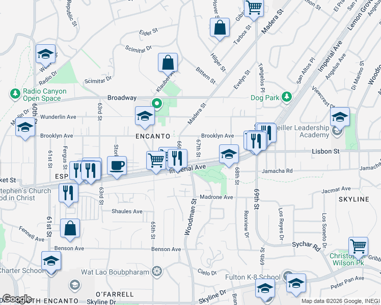 map of restaurants, bars, coffee shops, grocery stores, and more near 625 66th Street in San Diego