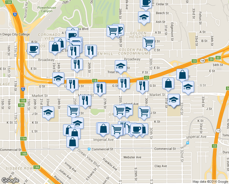 map of restaurants, bars, coffee shops, grocery stores, and more near 2736 Market Street in San Diego