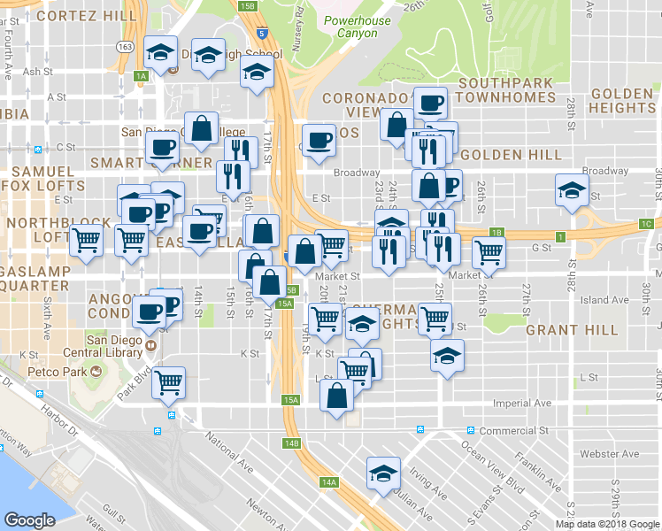 map of restaurants, bars, coffee shops, grocery stores, and more near 633 20th Street in San Diego