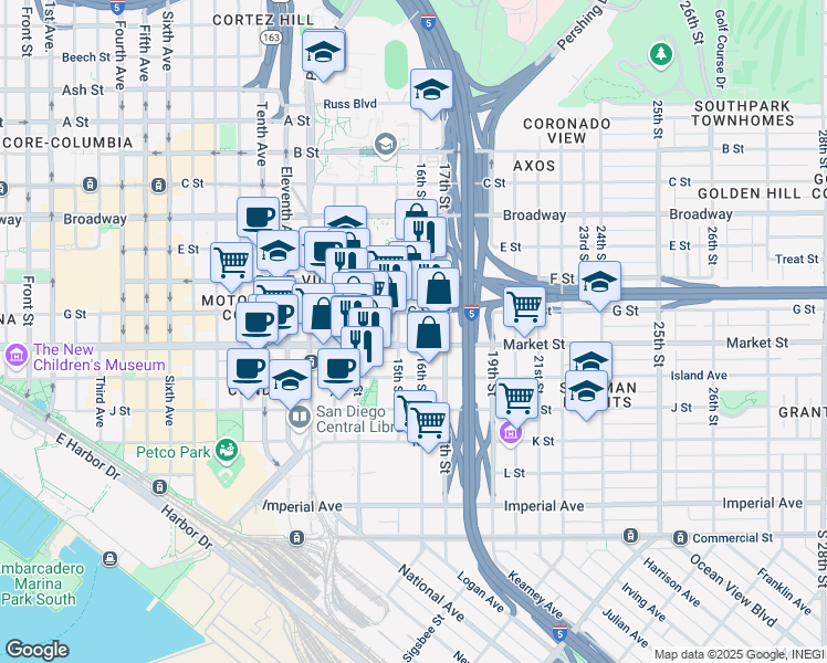 map of restaurants, bars, coffee shops, grocery stores, and more near in San Diego