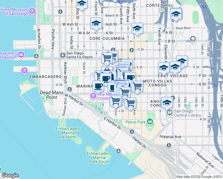 map of restaurants, bars, coffee shops, grocery stores, and more near 606 Third Avenue in San Diego