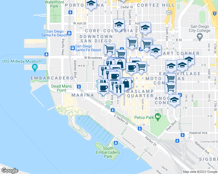 map of restaurants, bars, coffee shops, grocery stores, and more near 102 G Street in San Diego