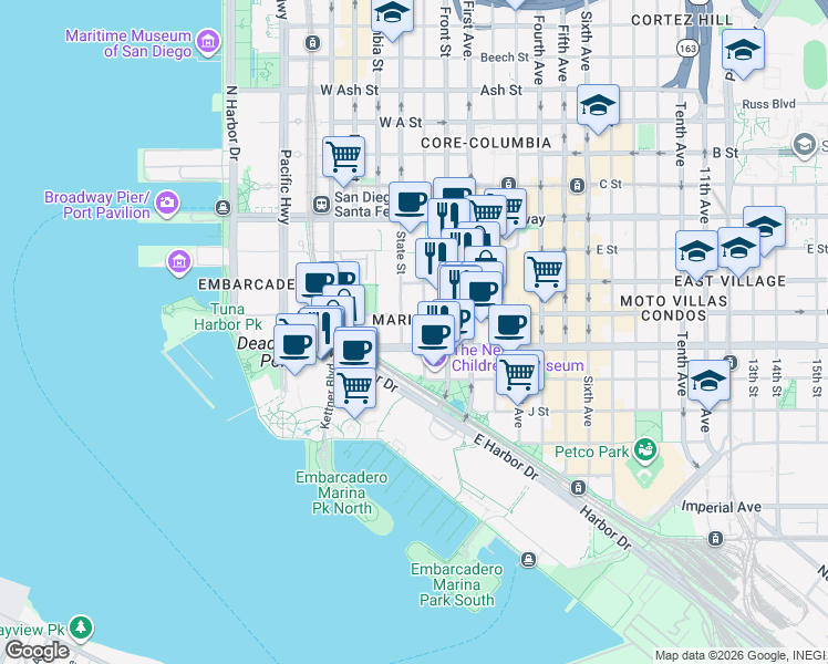 map of restaurants, bars, coffee shops, grocery stores, and more near 633 State Street in San Diego