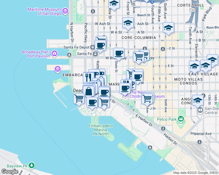 map of restaurants, bars, coffee shops, grocery stores, and more near West Harbor Drive in San Diego