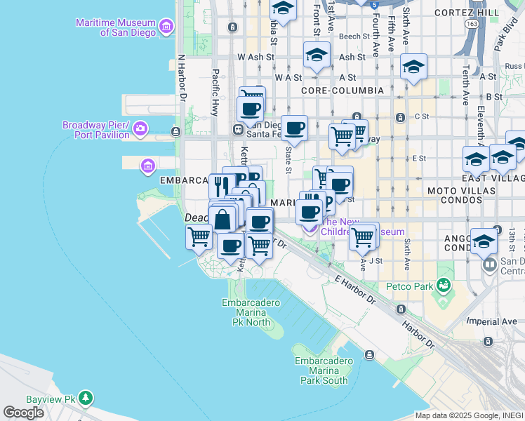 map of restaurants, bars, coffee shops, grocery stores, and more near West Harbor Drive in San Diego